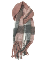 Womens Soft Pink Gray & White Plaid Checkered Fringe Blanket Scarf