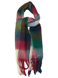 Womens Soft Blue Pink & Green Colorful Fringe Blanket Scarf