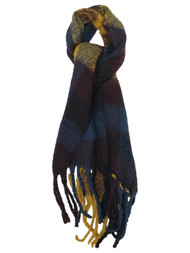 Womens Soft Blue Yellow & Burgundy Fringe Jewel Tone Blanket Scarf