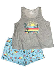 Womens Gray Desert Vibes Sun & Cactus Pajamas Shorts & Tank Top Sleep Set
