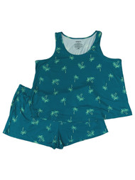 Womens Blue & Green Palm Tree Pajamas Shorts Tank Top Sleep Set