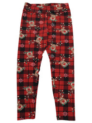 Junior Womens Red Plaid Reindeer Holiday Leggings Stretch Pants