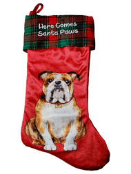 Red & Green Plaid Bulldog Here comes Santa Paws Pet Christmas Holiday Stocking