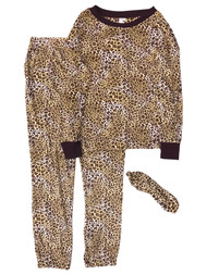 Womens Brown & Purple Fleece Leopard Print 3pc Pajamas Joggers Sleep Set