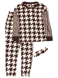 Womens Purple Fleece Houndstooth Check 3pc Pajamas Joggers Top Sleep Set