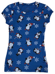 Junior Womens Blue Penguin Santa Christmas Holiday T-Shirt Tee Shirt