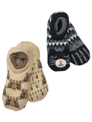 Womens 2 Pair Sherpa Lined Slippers Socks Shoes OSFM Black Cat & Tan Kitty Cat