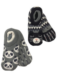 Womens 2 Pair Sherpa Lined Slippers Socks Shoes OSFM Black Cat Gray Panda Bear