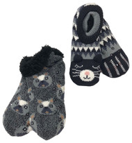 Womens 2 Pair Sherpa Lined Slippers Socks Shoes OSFM Black Cat Gray Puppy Dog