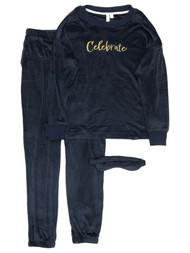 Womens Blue Velvet Celebrate 3pc Xmas Holiday Pajamas Joggers Sleep Set
