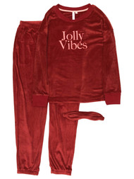 Womens Red Velvet Jolly Vibes 3pc Xmas Holiday Pajamas Joggers Sleep Set