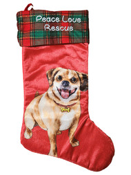 Red Plaid Velvet Peace Love Rescue Puppy Dog Holiday Christmas Pet Stocking