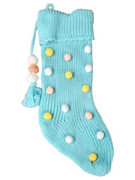 Soft Knit Tasseled Blue Multi-Colored Poms Christmas Holiday Stocking