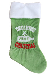 Soft Green & White Plush Velvet Dreaming of Wine Christmas Holiday Stocking