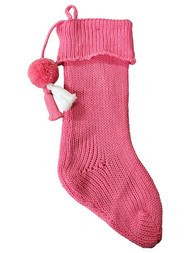 Sparkly Pink & White Knit Pom and Tassle Christmas Stocking Holiday Decoration