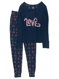 Womens Blue Candycane Love Christmas Holiday Pajamas Soft Knit Sleep Set