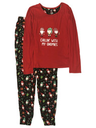 Womens Red Santa Gnomes Christmas Holiday Pajamas Soft Knit Sleep Set