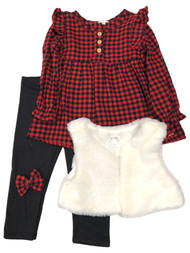 Infant & Toddler Girls Red Buffalo Plaid Holiday Outfit Shirt Vest Pants Bow