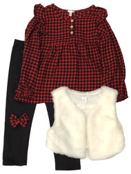 Girls Red Buffalo Plaid Holiday Outfit Flannel Shirt Plush Vest Pants & Bow