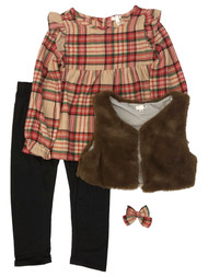 Girls Pink & Red Plaid Holiday Outfit Flannel Shirt Plush Vest Pants & Bow