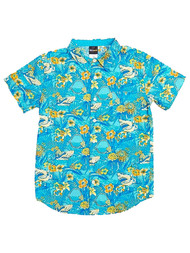 Fifthsun Boys Blue Shark & Tropical Flower Short Sleeve Button Front Shirt XL