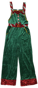 Womens (Jrs) Green Velvet Jingle Elf Christmas Holiday Overalls Jumpsuit