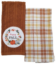 Happy Fall Kitchen Towel Set, 2 Autumn Harvest Wreath Cotton Dish Towels