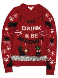 Juniors Womens Red Tinsel Be Meowy Kitty Cat Christmas Holiday Sweater