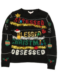 Juniors Womens Black Stressed Blessed Christmas Obsessed Holiday Sweater