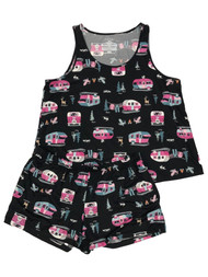 Womens Black Happy Camper Camping Pajamas Shorts Tank Top Sleep Set