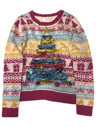Juniors Womens Colorful Pink Tinsel Christmas Tree Ugly Holiday Sweater