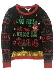 Juniors Womens Black Take An Elfie Blingy Elf Christmas Holiday Sweater