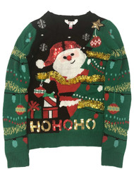 Juniors Womens Green Tinsel Santa Claus Hoho Christmas Holiday Sweater