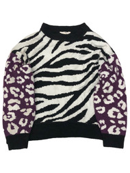 Womens Plus Black & Purple Zebra & Leopard Print Pull-Over Sweater