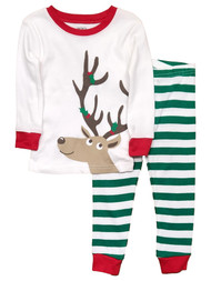 Carters Infant Boy Green & White Stripe Reindeer Christmas Holiday Pajama 12m