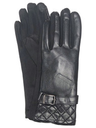 Womens Quilted Black Vegan Leather Stretch Fit Texting & Tech Touchscreen Gloves
