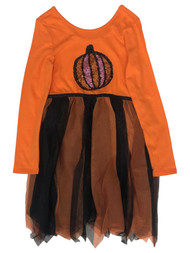 Girls Orange & Black Halloween Themed Tulle Flip Sequin Pumpkin Dress