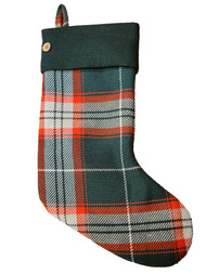 Green Orange Cream Plaid Tweed Button Cuff Holiday Christmas Stocking Decoration