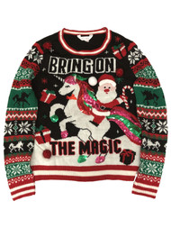 Juniors Womens Black Sparkle Santa Unicorn Christmas Holiday Sweater Medium