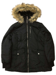 Womens Plus Size Plush Trimmed Black Winter Coat Zip Front Ski Jacket