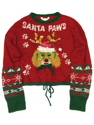 Junior Womens Red Sequin Dog Santa Paws Cropped Christmas Holiday Sweater
