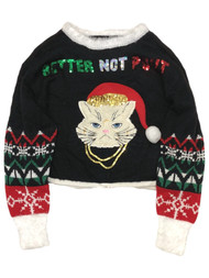 Junior Womens Black Sequin Kitty Cat Cropped Christmas Holiday Sweater