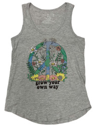 Junior Womens Gray Grow Your Own Way Floral Peace Tank Top Tee Shirt