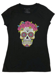 Junior Womens Colorful Black Floral Sugar Skull T-Shirt Tee Shirt