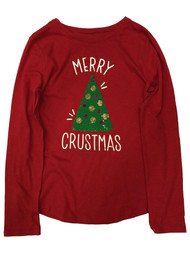 Girls Red Flip Sequin Merry Crustmas Pizza Christmas Tree Tee Shirt