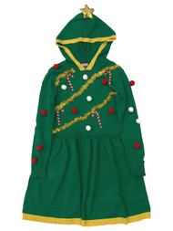 Girls Green Knit Blinged Out Tinsel Christmas Tree Hoodie Holiday Dress