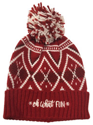 Womens Red Pom Oh What Fun Holiday Beanie Christmas Hat Stocking Cap
