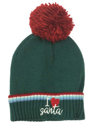 Womens Green Pom I Love Santa Claus Holiday Beanie Christmas Hat Stocking Cap
