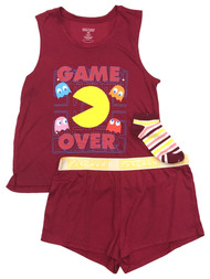 Pac-Man Womens Burgundy Tank Top Shirt Shorts & Socks Pajamas Sleep Set