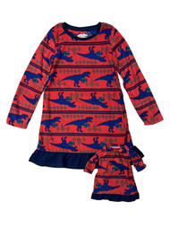 Girls Red T-Rex Dinosaur Fleece Holiday Nightgown & Doll Night Gown Set